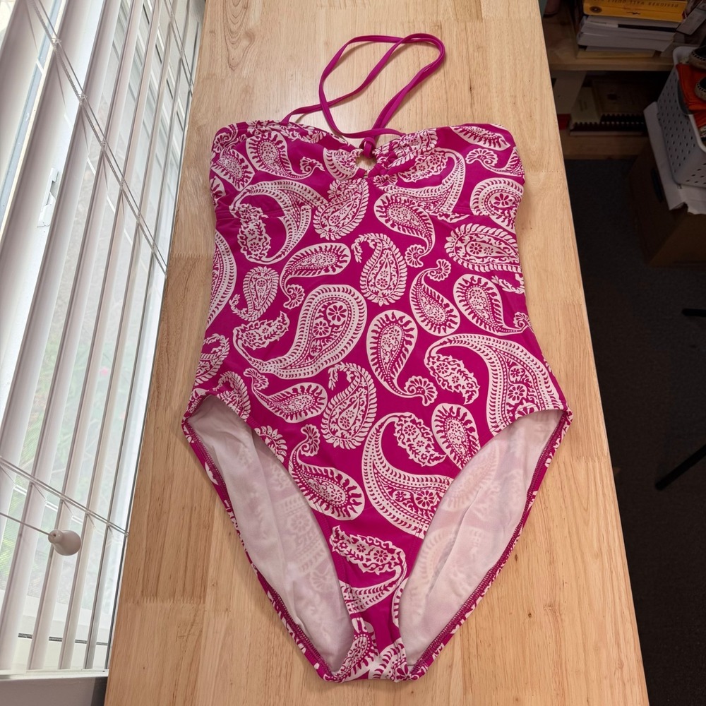 Talbots Halter Keyhole One-Piece Women's Pink White Paisley Swimsuit Beach - 14
